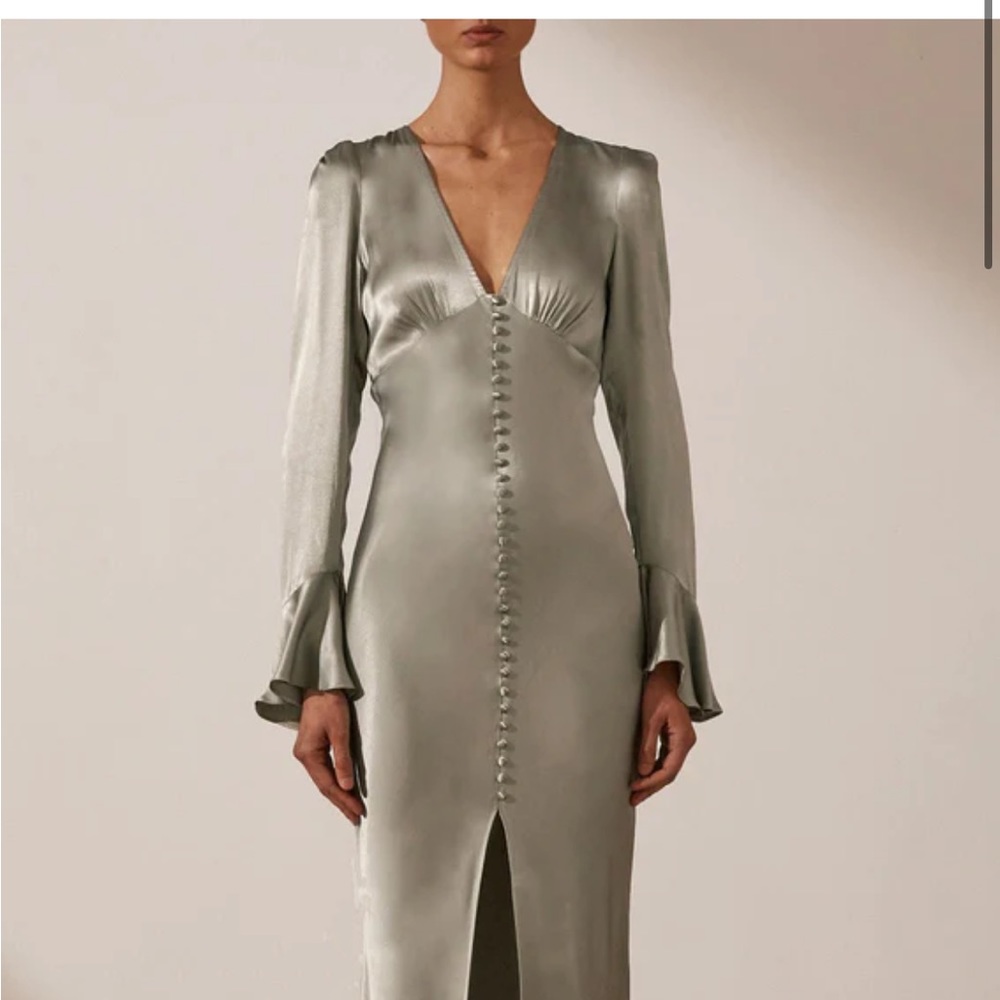 Shona Joy LA LUNE FRILL CUFF BIAS bridesmaid MIDI DRESS - SAGE
